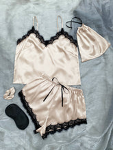 Load image into Gallery viewer, Lace Trim Cami, Shorts, Eye Mask, Scrunchie, and Bag Pajama Set
