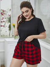 Load image into Gallery viewer, Plus Size Round Neck Tee Shirt and Plaid Shorts Lounge Set
