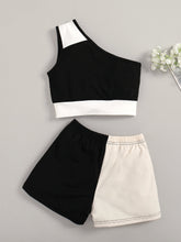 Load image into Gallery viewer, Girls Tricolor One-Shoulder Tank and Shorts Set

