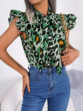 Load image into Gallery viewer, Leopard Tie Neck Cap Sleeve Blouse
