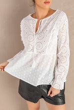 Load image into Gallery viewer, Eyelet Tie-Neck Long Flounce Sleeve Peplum Blouse
