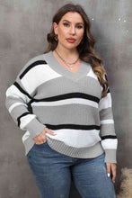 Load image into Gallery viewer, Plus Size Striped V-Neck Dropped Shoulder Sweater
