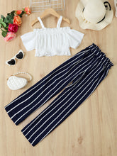 Load image into Gallery viewer, Frill Trim Cropped Top and Striped Pants Set
