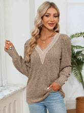 Load image into Gallery viewer, Lace Detail V-Neck Ribbed Blouse
