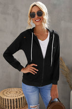 Load image into Gallery viewer, Distressed Zip Up Drawstring Detail Hoodie

