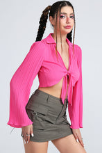 Load image into Gallery viewer, Tie Front Johnny Collar Flare Sleeve Cropped Top
