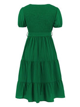 Load image into Gallery viewer, Smocked Tie Front Short Sleeve Tiered Dress
