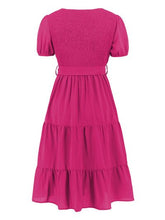 Load image into Gallery viewer, Smocked Tie Front Short Sleeve Tiered Dress
