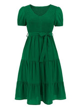 Load image into Gallery viewer, Smocked Tie Front Short Sleeve Tiered Dress

