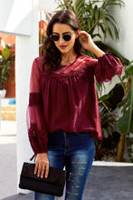 Load image into Gallery viewer, Tied Spliced Mesh Bubble Sleeve Blouse
