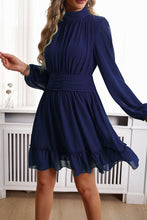 Load image into Gallery viewer, Frill Ruched Mock Neck Balloon Sleeve Dress
