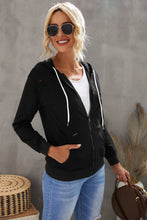 Load image into Gallery viewer, Distressed Zip Up Drawstring Detail Hoodie
