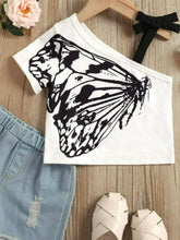 Load image into Gallery viewer, Girls Butterfly Graphic Asymmetrical Neck T-Shirt
