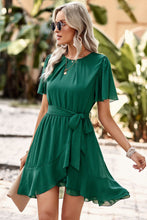 Load image into Gallery viewer, Round Neck Flutter Sleeve Belted Dress
