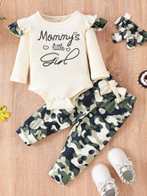 Load image into Gallery viewer, Baby Girl Graphic Ribbed Ruffle Shoulder Bodysuit and Printed Pants Set
