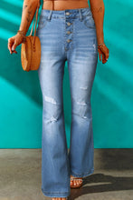 Load image into Gallery viewer, Button Fly Distressed Flared Jeans
