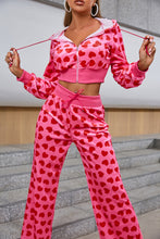 Load image into Gallery viewer, Heart Print Velour Zip Up Cropped Jacket and Pants Set

