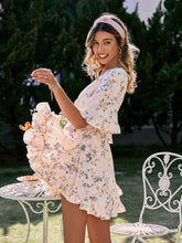 Load image into Gallery viewer, Floral Drawstring Waist Ruffle Hem Mini Dress
