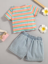 Load image into Gallery viewer, Girls Striped T-Shirt and Button Fly Denim Shorts
