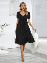 Load image into Gallery viewer, Smocked Tie Front Short Sleeve Tiered Dress
