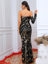 Load image into Gallery viewer, Strapless Contrast Sequin One Sleeve Split Dress
