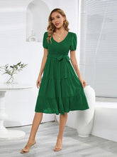 Load image into Gallery viewer, Smocked Tie Front Short Sleeve Tiered Dress
