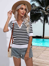 Load image into Gallery viewer, Striped Johnny Collar Half Sleeve Knit Top

