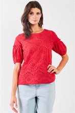 Load image into Gallery viewer, Mustard Yellow Eyelet Crochet Embroidery Front Short Puff Sleeve Detail Round Neck Relaxed Top

