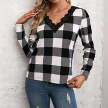 Load image into Gallery viewer, Plaid Lace Trim V-Neck Long Sleeve Tee

