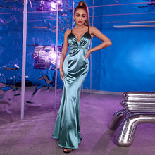 Load image into Gallery viewer, Spaghetti Strap Plunge Satin Fishtail Dress
