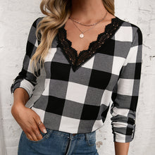 Load image into Gallery viewer, Plaid Lace Trim V-Neck Long Sleeve Tee
