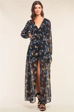 Load image into Gallery viewer, Black Multicolor Floral Print Wrap Deep Plunge V-Neck Long Sleeve Semi-Dress Romper
