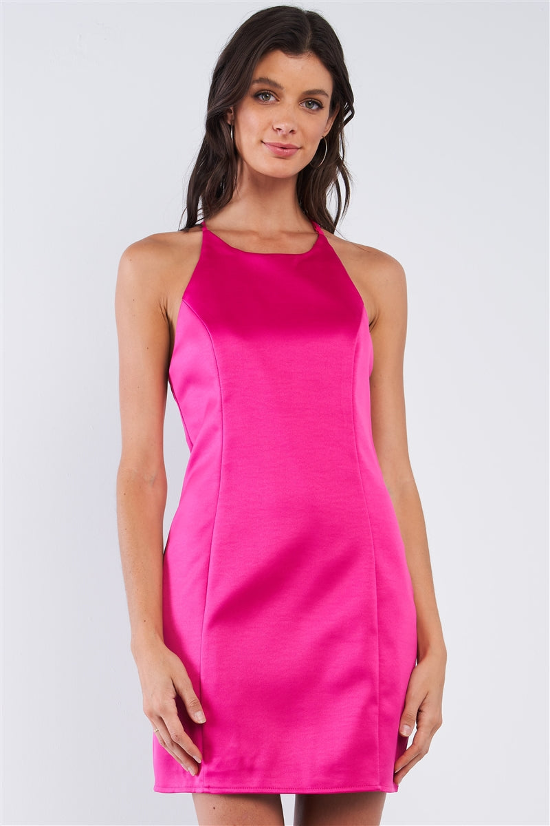 Raspberry Pink Sleeveless V-Neck T-Style Back Halter Tie Slim Fit Mini Tube Dress
