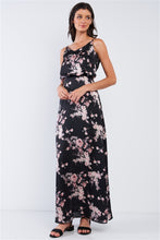 Load image into Gallery viewer, Black Multicolor Satin Floral Print Sleeveless V-Neck Self-Tie Back Detail Tube Maxi Dress
