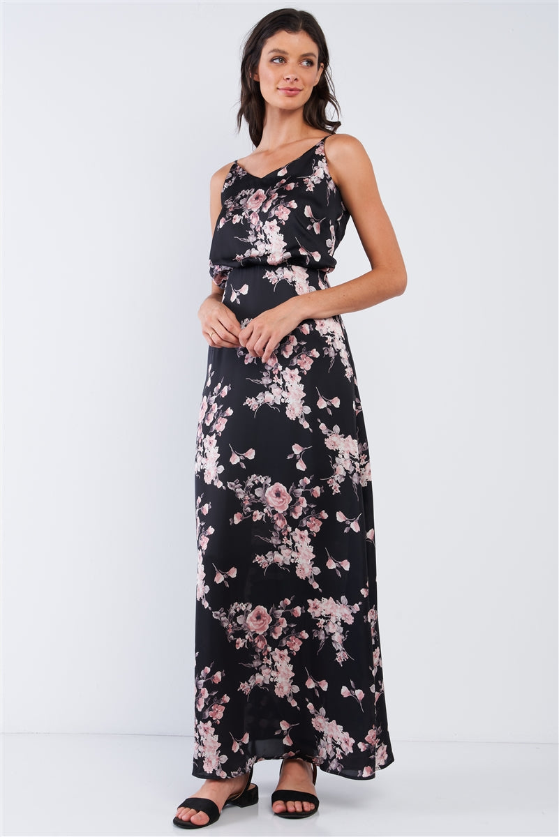 Black Multicolor Satin Floral Print Sleeveless V-Neck Self-Tie Back Detail Tube Maxi Dress