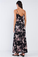 Load image into Gallery viewer, Black Multicolor Satin Floral Print Sleeveless V-Neck Self-Tie Back Detail Tube Maxi Dress

