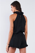 Load image into Gallery viewer, Solid Black Satin Relaxed Fit Stretchy Waist Frill Hem Mock Neck Romper
