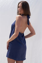 Load image into Gallery viewer, Solid Navy Blue Satin Open Back Self Tie Halter Top Tube Mini Dress
