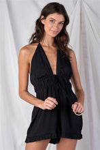 Load image into Gallery viewer, Solid Black Satin Open Back Halter Top Ruffle Hem Front Double Draw String Tie Romper
