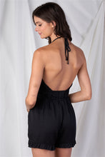 Load image into Gallery viewer, Solid Black Satin Open Back Halter Top Ruffle Hem Front Double Draw String Tie Romper
