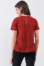 Load image into Gallery viewer, Rust Red Faux Suede Short Sleeve Round Neck Cross Stitching Detail Relaxed Top
