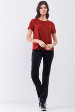 Load image into Gallery viewer, Rust Red Faux Suede Short Sleeve Round Neck Cross Stitching Detail Relaxed Top
