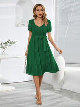 Load image into Gallery viewer, Smocked Tie Front Short Sleeve Tiered Dress
