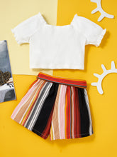 Load image into Gallery viewer, Girls Ribbed Top and Striped Belted Shorts Set
