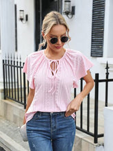 Load image into Gallery viewer, Eyelet Tie Neck Flutter Sleeve Blouse
