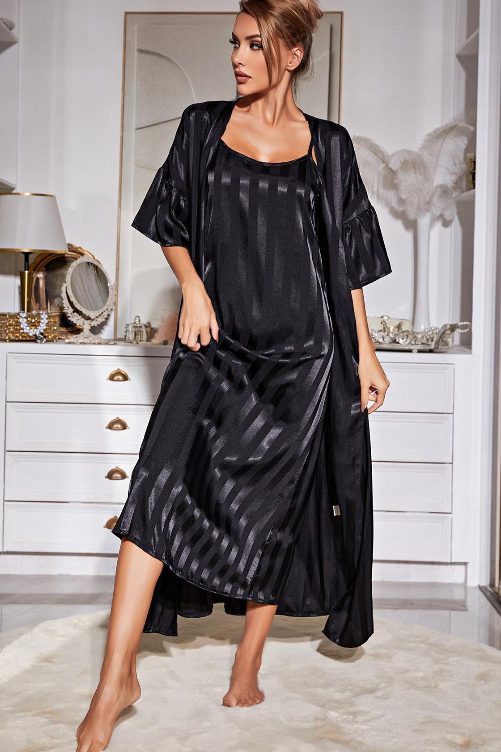 Striped Flounce Sleeve Open Front Robe and Cami Dress Set