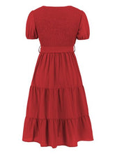 Load image into Gallery viewer, Smocked Tie Front Short Sleeve Tiered Dress
