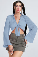 Load image into Gallery viewer, Tie Front Johnny Collar Flare Sleeve Cropped Top
