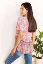 Load image into Gallery viewer, Double Take Bohemian Decorative Button Tie-Neck Peplum Blouse
