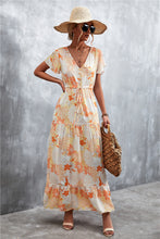 Load image into Gallery viewer, Floral Buttoned Drawstring Waist Tiered Dress
